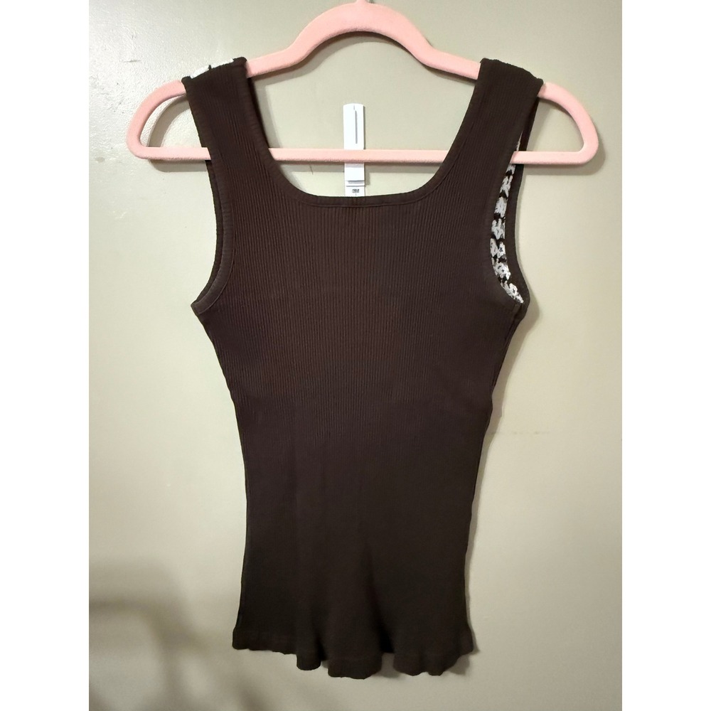 Terra Nostra Brown Ribbed Knit Crochet Lace Tank Top Scoop Neck T2T009A M - Picture 6 of 7
